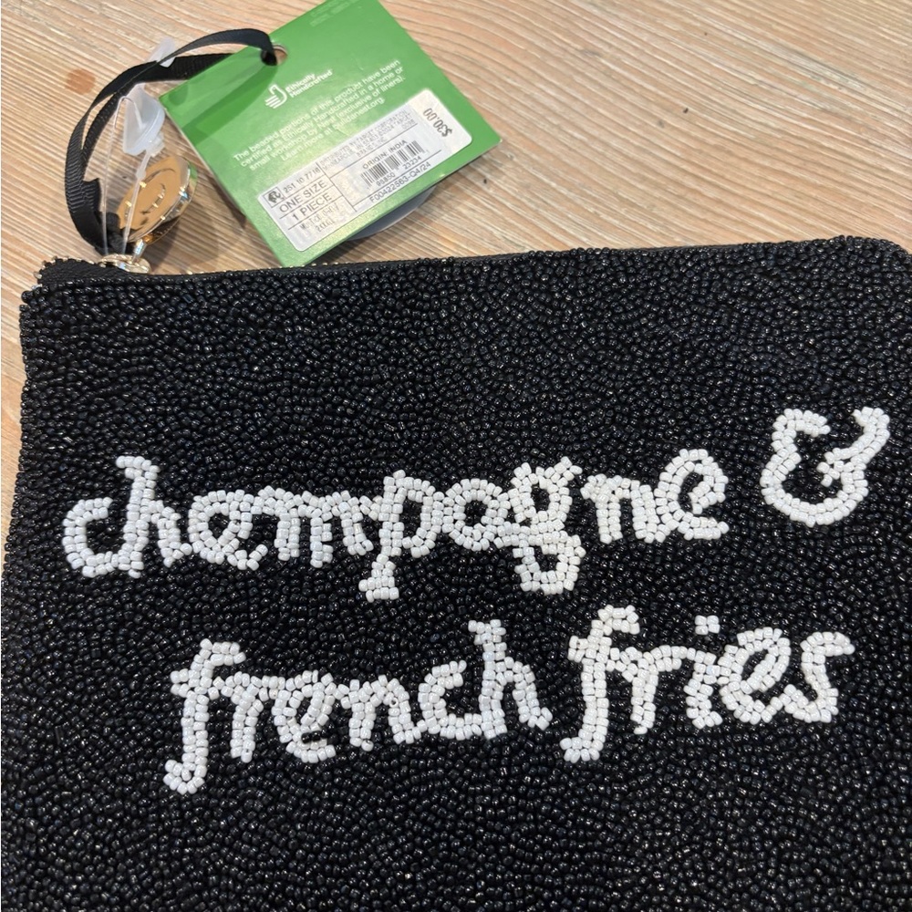 Beaded Black Clutch with White Script - Champagne & French Fries